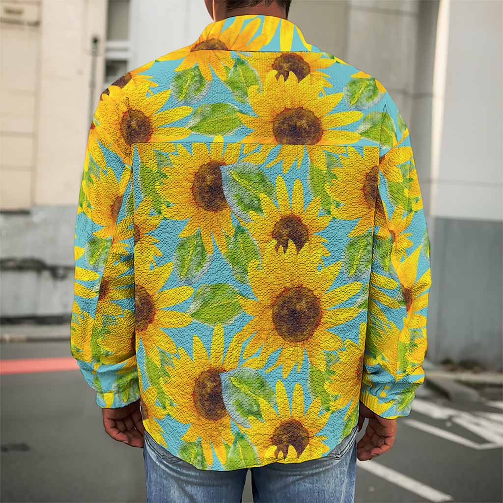 Blue Watercolor Sunflower Pattern Print Men's Shirt Jacket