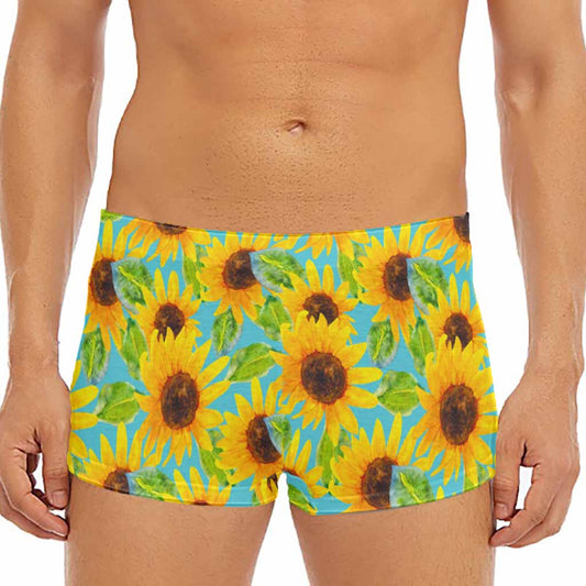 Blue Watercolor Sunflower Pattern Print Men's Short Boxer Briefs
