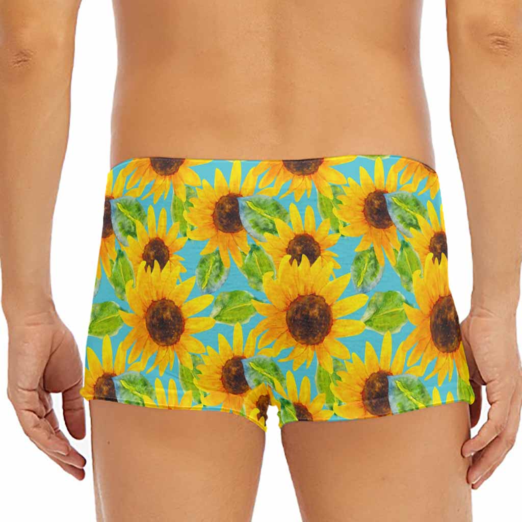 Blue Watercolor Sunflower Pattern Print Men's Short Boxer Briefs
