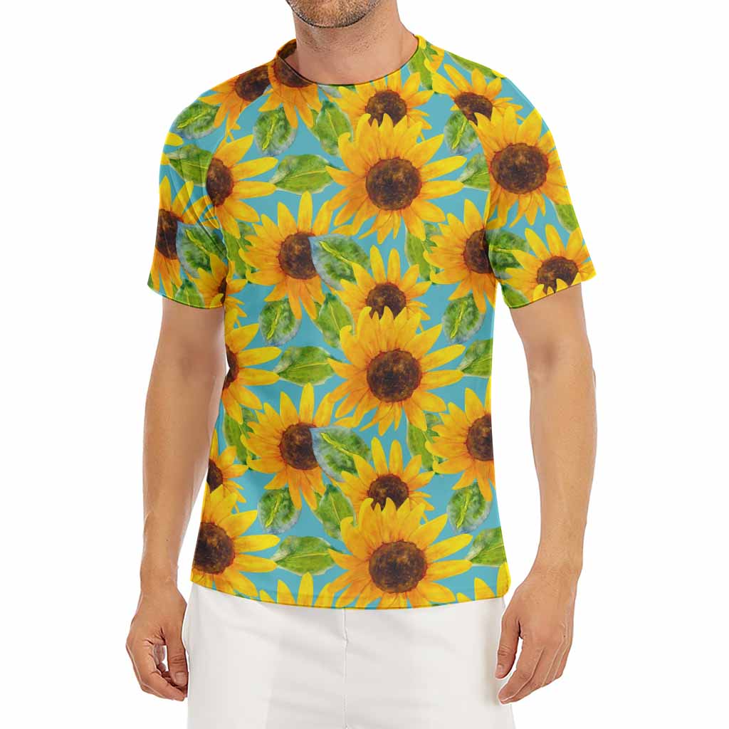 Blue Watercolor Sunflower Pattern Print Men's Short Sleeve Rash Guard