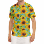 Blue Watercolor Sunflower Pattern Print Men's Short Sleeve Rash Guard