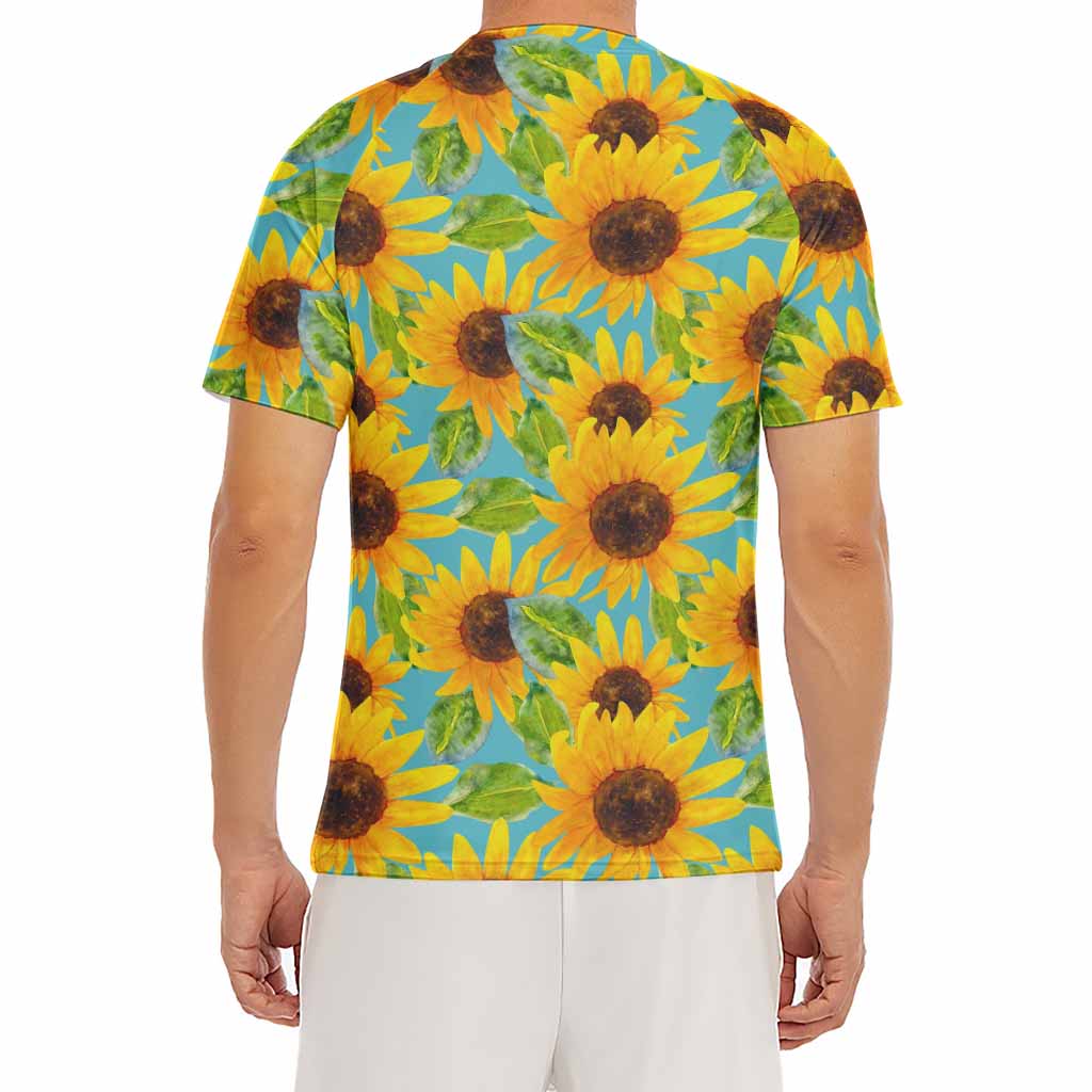 Blue Watercolor Sunflower Pattern Print Men's Short Sleeve Rash Guard