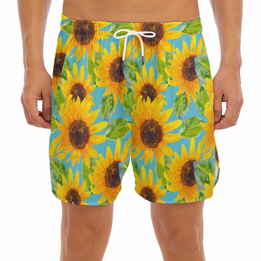 Blue Watercolor Sunflower Pattern Print Men's Split Running Shorts