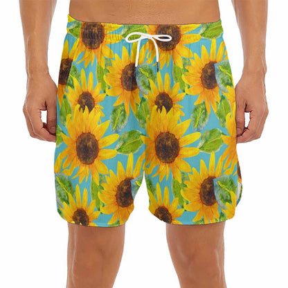 Blue Watercolor Sunflower Pattern Print Men's Split Running Shorts