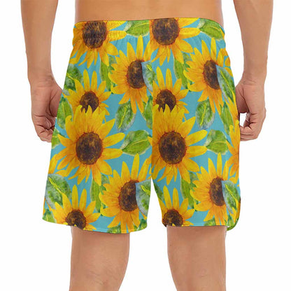 Blue Watercolor Sunflower Pattern Print Men's Split Running Shorts