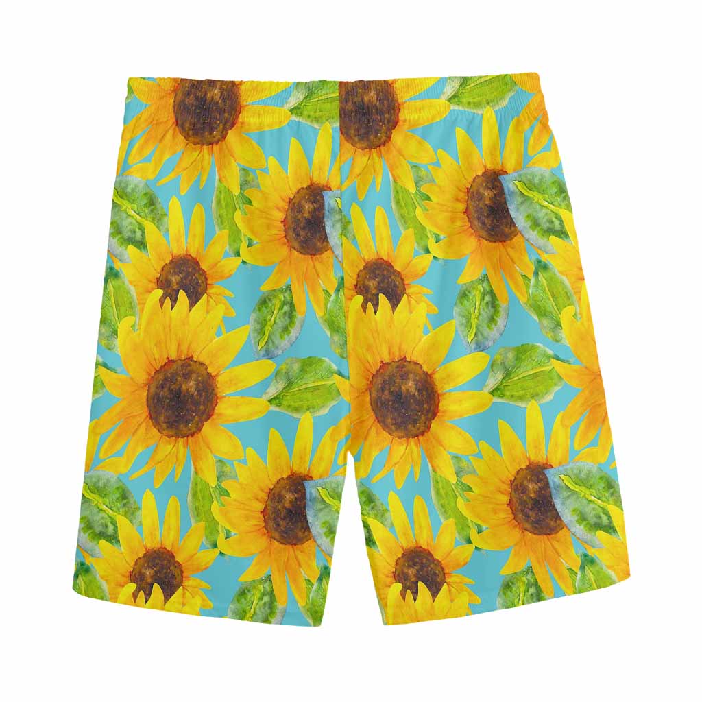 Blue Watercolor Sunflower Pattern Print Men's Sports Shorts