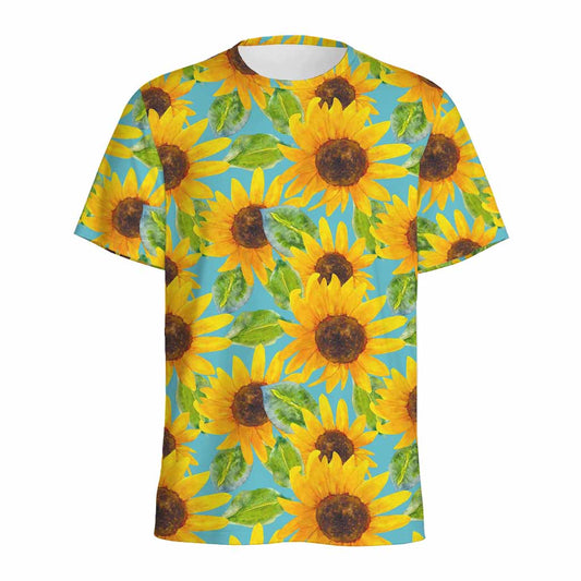 Blue Watercolor Sunflower Pattern Print Men's Sports T-Shirt
