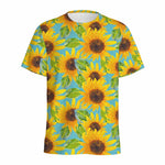 Blue Watercolor Sunflower Pattern Print Men's Sports T-Shirt