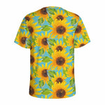 Blue Watercolor Sunflower Pattern Print Men's Sports T-Shirt