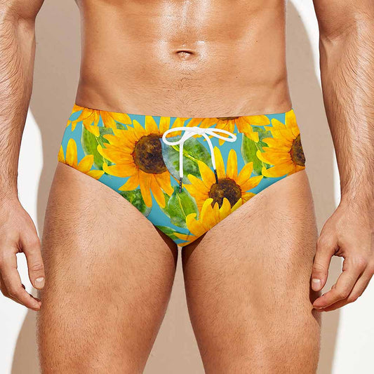 Blue Watercolor Sunflower Pattern Print Men's Swim Briefs