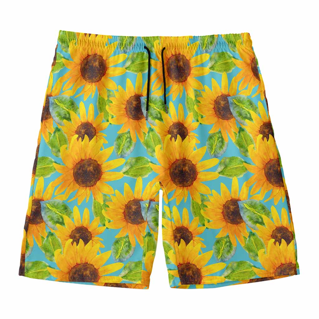Blue Watercolor Sunflower Pattern Print Men's Swim Trunks