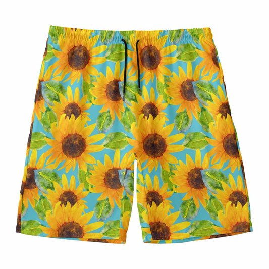 Blue Watercolor Sunflower Pattern Print Men's Swim Trunks