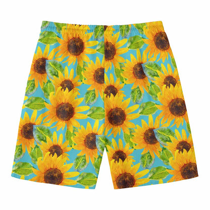 Blue Watercolor Sunflower Pattern Print Men's Swim Trunks