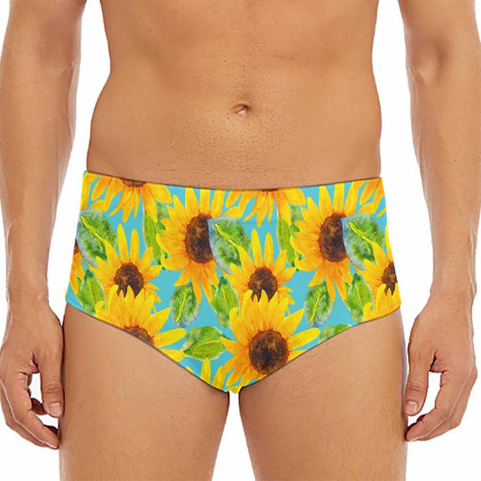Blue Watercolor Sunflower Pattern Print Men's Triangle Swim Briefs