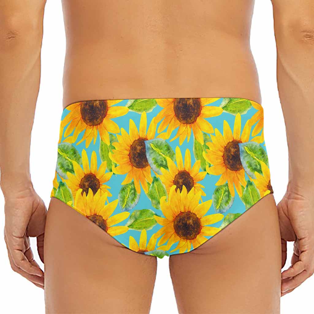 Blue Watercolor Sunflower Pattern Print Men's Triangle Swim Briefs