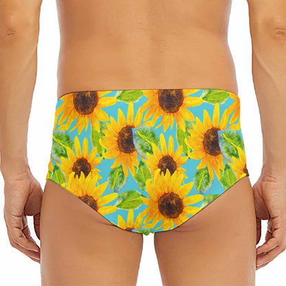 Blue Watercolor Sunflower Pattern Print Men's Triangle Swim Briefs
