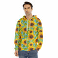 Blue Watercolor Sunflower Pattern Print Men's Velvet Pullover Hoodie