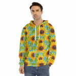Blue Watercolor Sunflower Pattern Print Men's Velvet Pullover Hoodie
