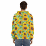 Blue Watercolor Sunflower Pattern Print Men's Velvet Pullover Hoodie