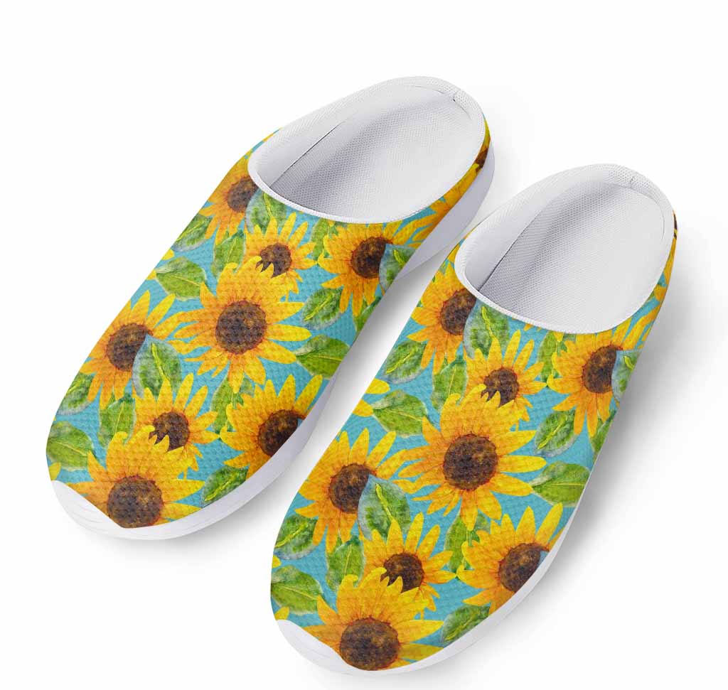 Blue Watercolor Sunflower Pattern Print Mesh Casual Shoes