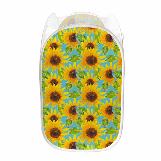 Blue Watercolor Sunflower Pattern Print Mesh Laundry Hamper