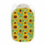 Blue Watercolor Sunflower Pattern Print Mesh Laundry Hamper
