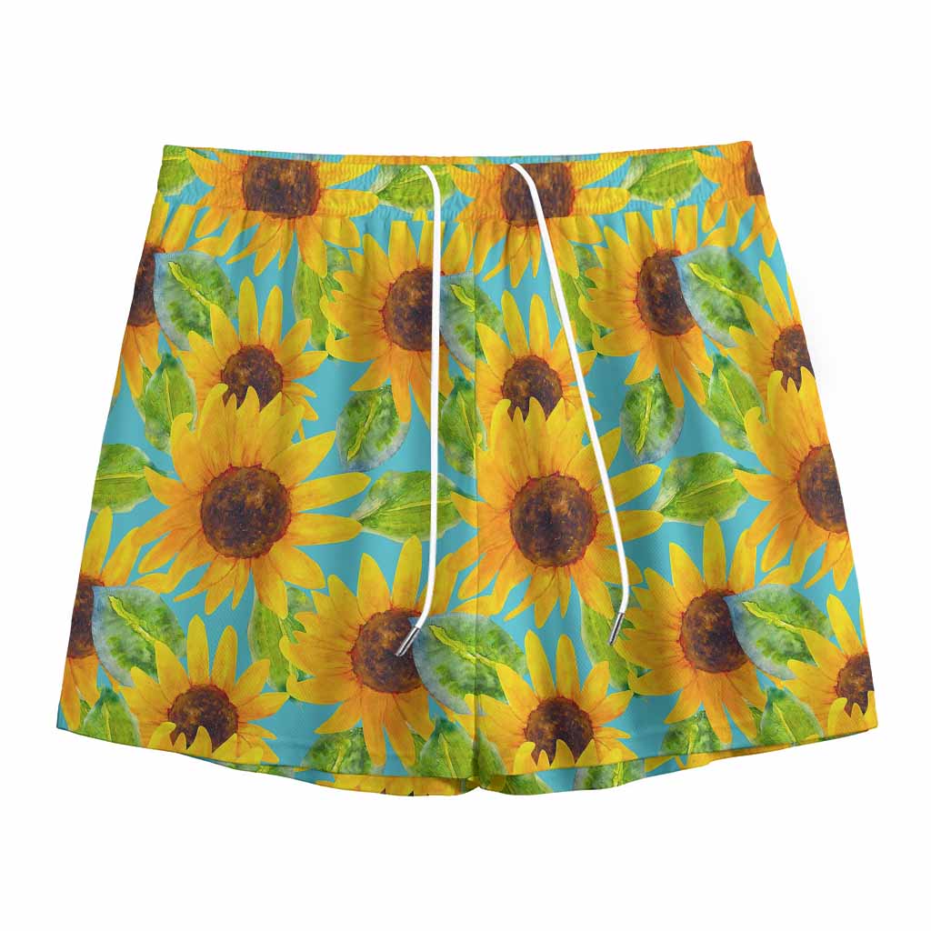 Blue Watercolor Sunflower Pattern Print Mesh Shorts