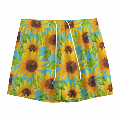 Blue Watercolor Sunflower Pattern Print Mesh Shorts