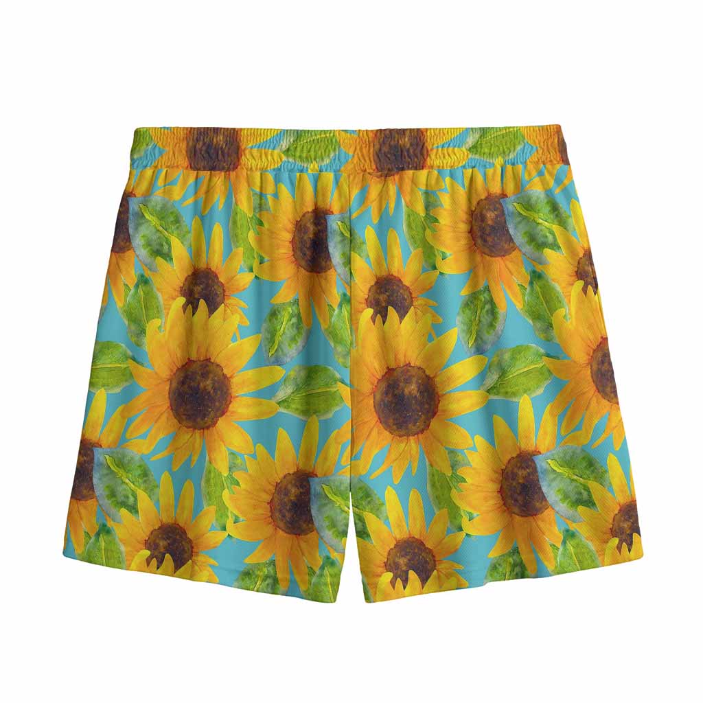 Blue Watercolor Sunflower Pattern Print Mesh Shorts