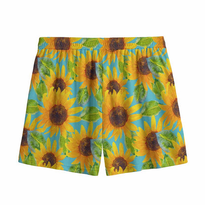 Blue Watercolor Sunflower Pattern Print Mesh Shorts