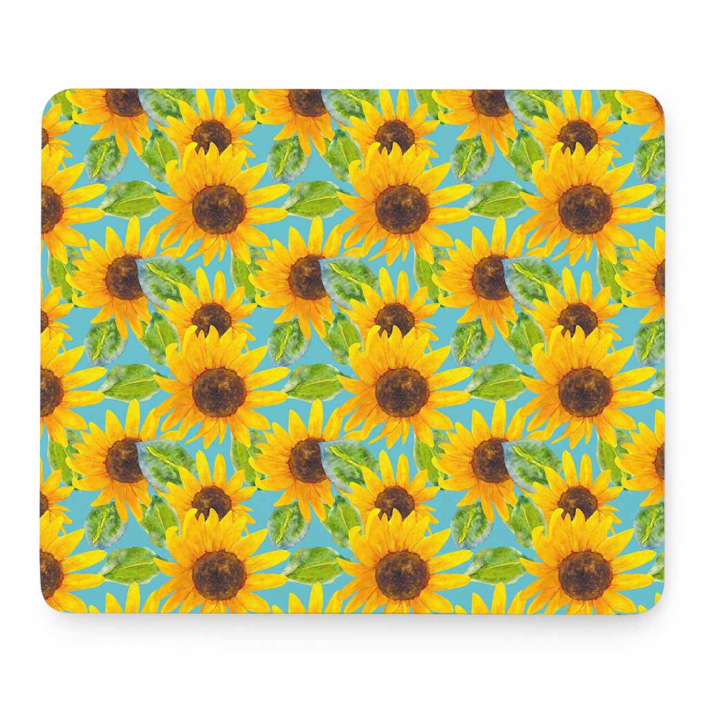 Blue Watercolor Sunflower Pattern Print Mouse Pad