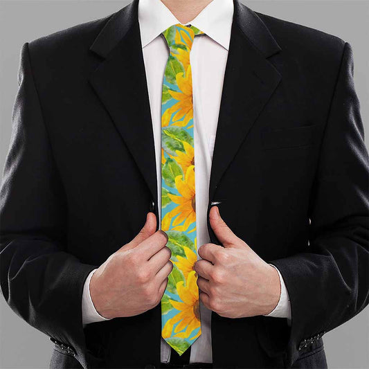Blue Watercolor Sunflower Pattern Print Necktie