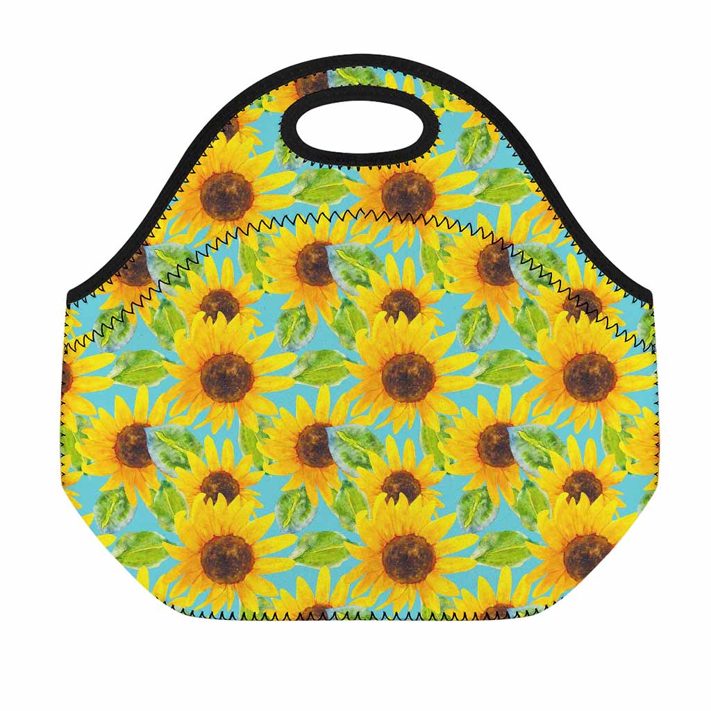 Blue Watercolor Sunflower Pattern Print Neoprene Lunch Bag