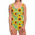 Blue Watercolor Sunflower Pattern Print One Piece Swimsuit