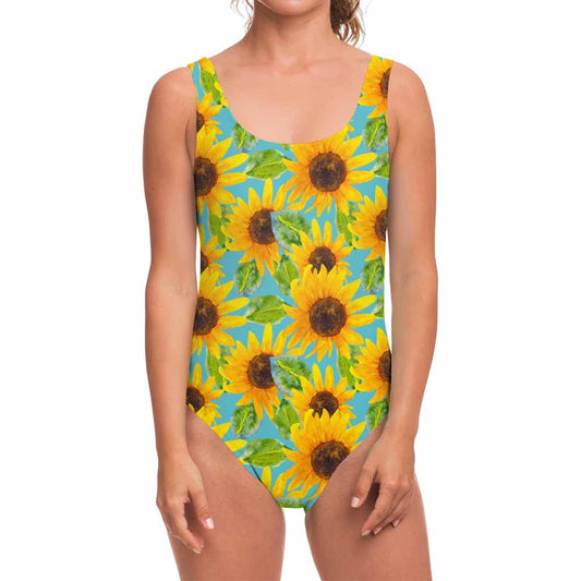 Blue Watercolor Sunflower Pattern Print One Piece Swimsuit