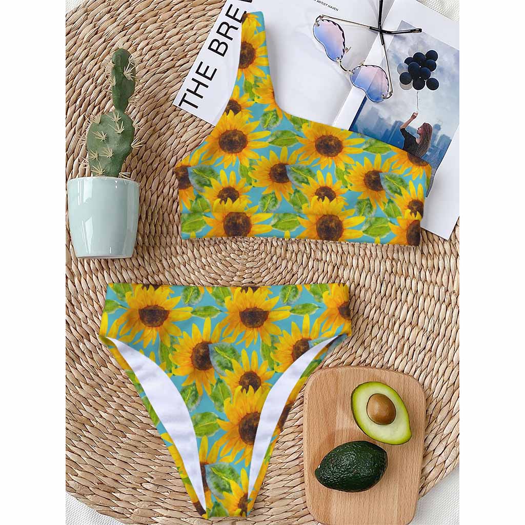 Blue Watercolor Sunflower Pattern Print One Shoulder Bikini Top