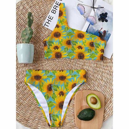 Blue Watercolor Sunflower Pattern Print One Shoulder Bikini Top