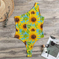 Blue Watercolor Sunflower Pattern Print One Shoulder Bodysuit
