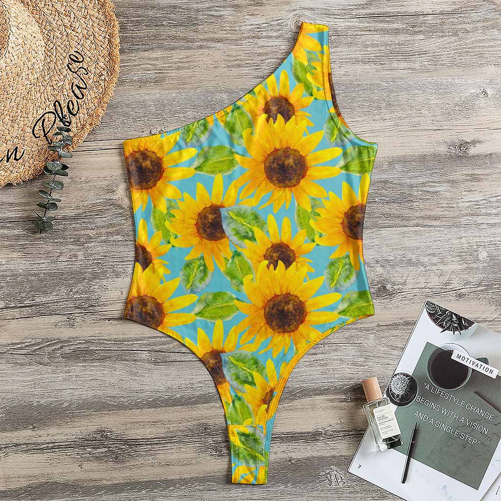 Blue Watercolor Sunflower Pattern Print One Shoulder Bodysuit