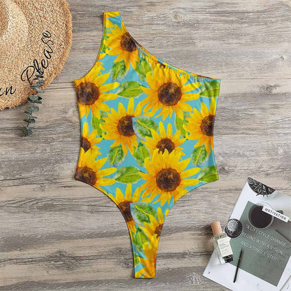 Blue Watercolor Sunflower Pattern Print One Shoulder Bodysuit
