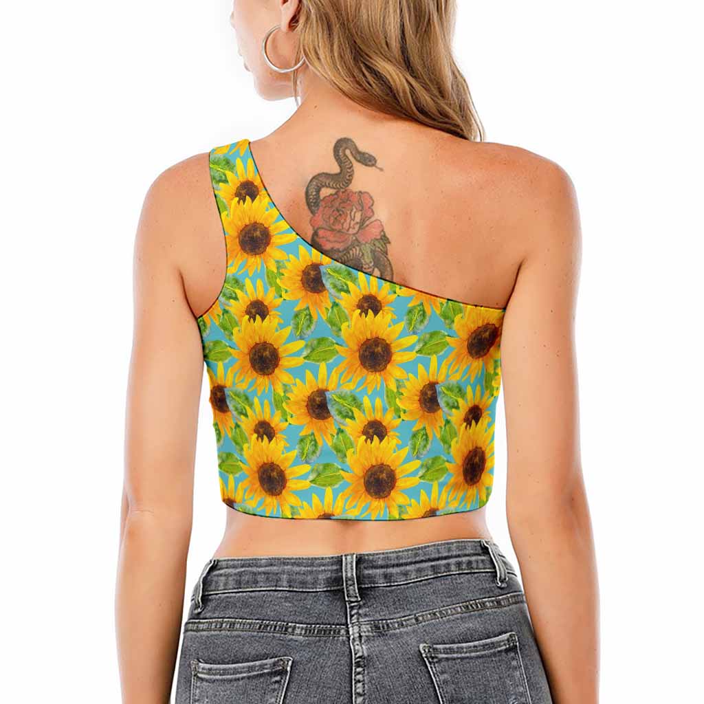 Blue Watercolor Sunflower Pattern Print One Shoulder Crop Top