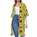 Blue Watercolor Sunflower Pattern Print Open Front Beach Cover Up