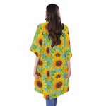 Blue Watercolor Sunflower Pattern Print Open Front Beach Cover Up