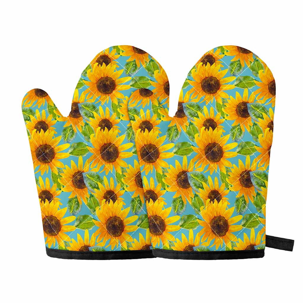 Blue Watercolor Sunflower Pattern Print Oven Mitts