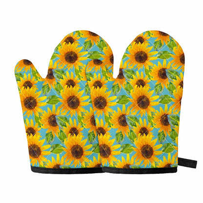 Blue Watercolor Sunflower Pattern Print Oven Mitts