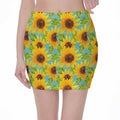 Blue Watercolor Sunflower Pattern Print Pencil Mini Skirt