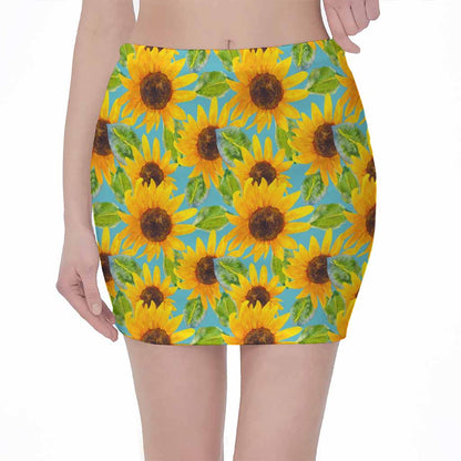 Blue Watercolor Sunflower Pattern Print Pencil Mini Skirt