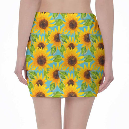 Blue Watercolor Sunflower Pattern Print Pencil Mini Skirt