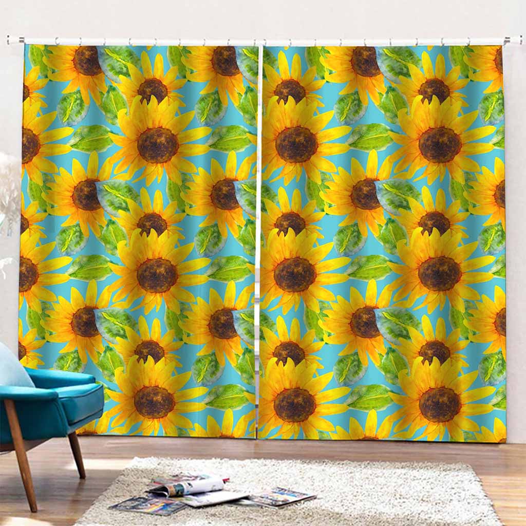 Blue Watercolor Sunflower Pattern Print Pencil Pleat Curtains