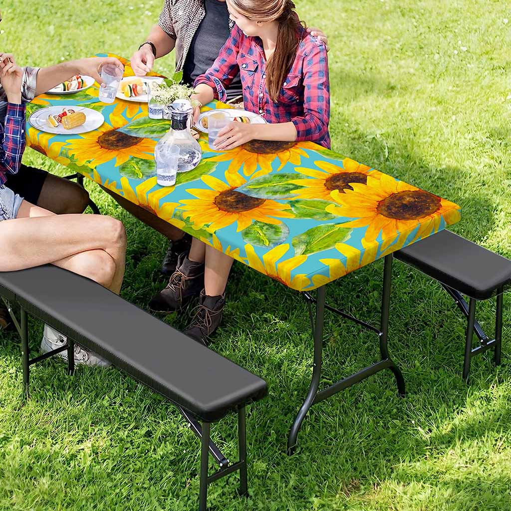 Blue Watercolor Sunflower Pattern Print Picnic Table Cover